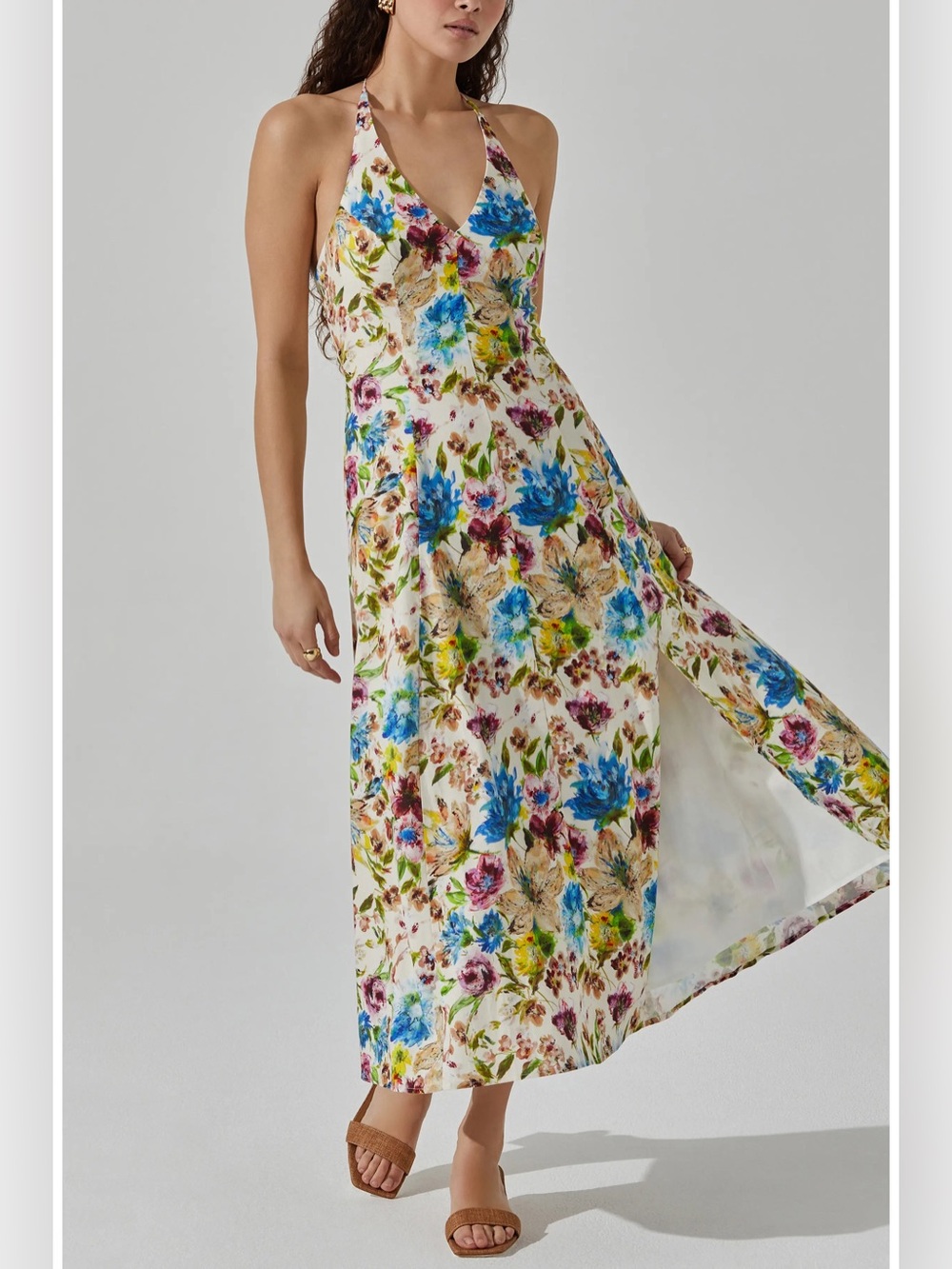 Astr The Label Floral Halter Maxi Dress in Cream with Blue & Pink Flowers NWT